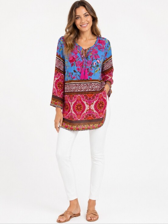 Aziza Tops - Aziza Embroidered Floral Tassel Tie Boho Tunic Blouse Medium